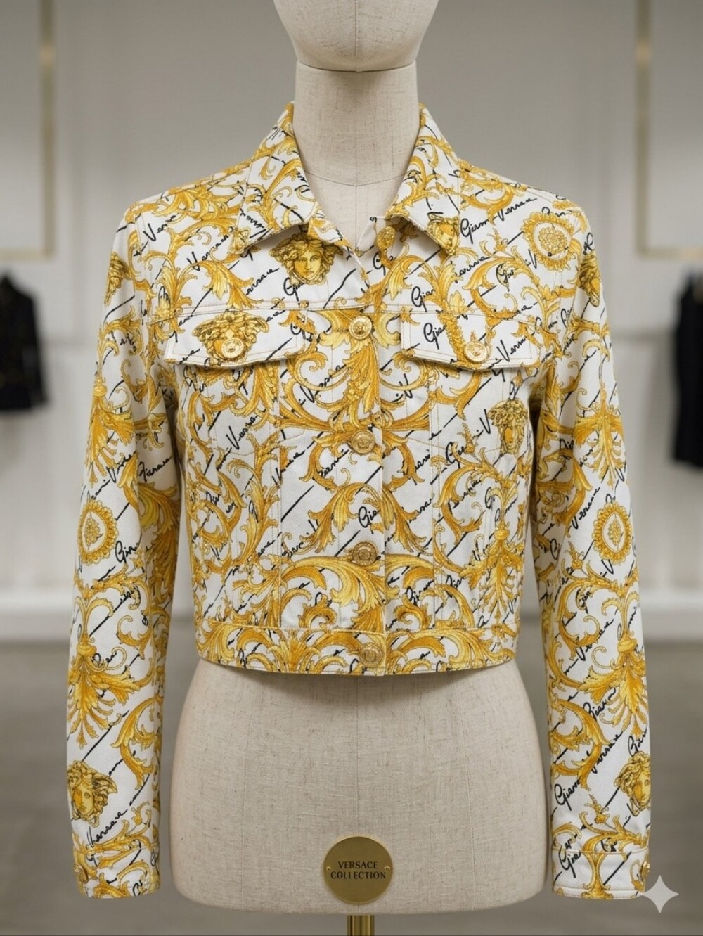 AUTHENTIC Versace Mainline Barocco Print Cropped Denim Jacket IT 44 / US 8-10